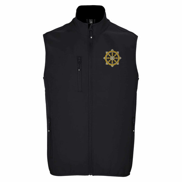 Gilet noir bouddhiste avec roue de la loi dorée, symbole de la philosophie tibétaine