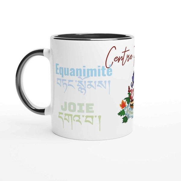 Mug bouddhiste avec équanimité, joie et écriture tibétaine, idéal pour la méditation et la philosophie bouddhiste.