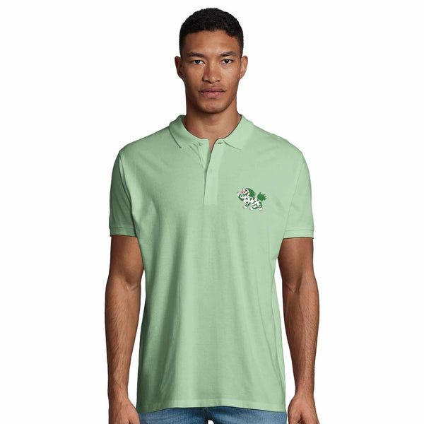 Polo vert clair avec lion tibétain brodé, symbole de la culture bouddhiste