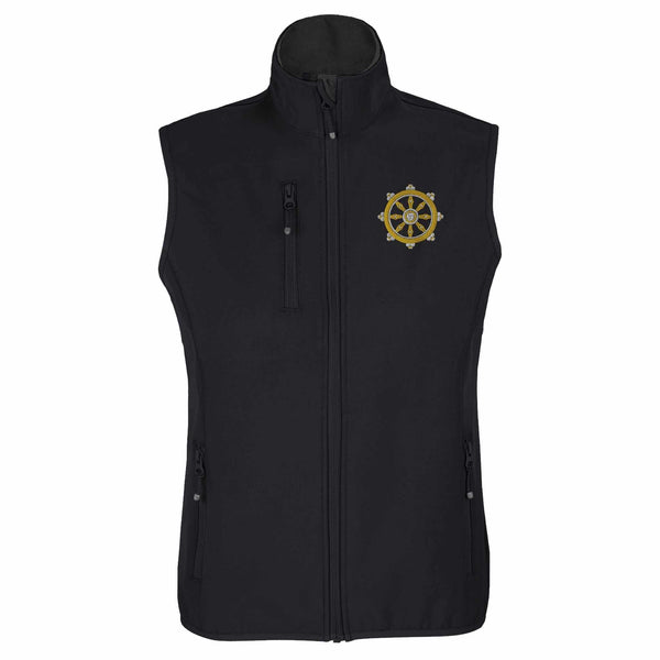 Gilet noir avec roue de la loi bouddhiste brodée, symbole de la philosophie tibétaine