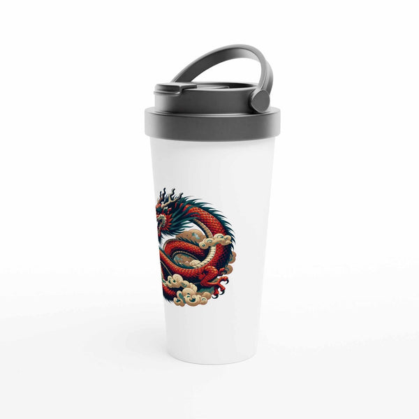 Gobelet blanc avec dragon tibétain rouge et nuages, design culturel bouddhiste