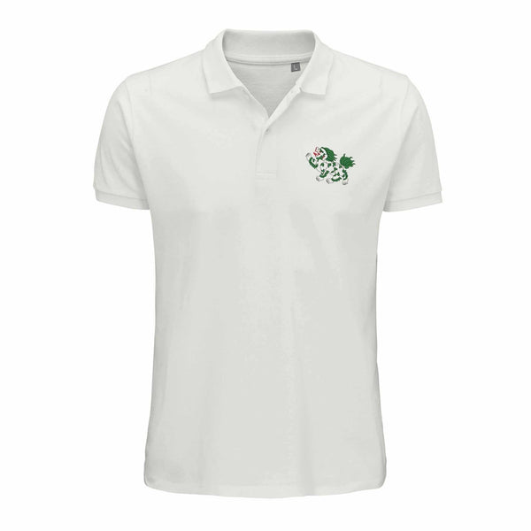 Polo blanc avec lion vert brodé, symbole de la philosophie bouddhiste tibétaine