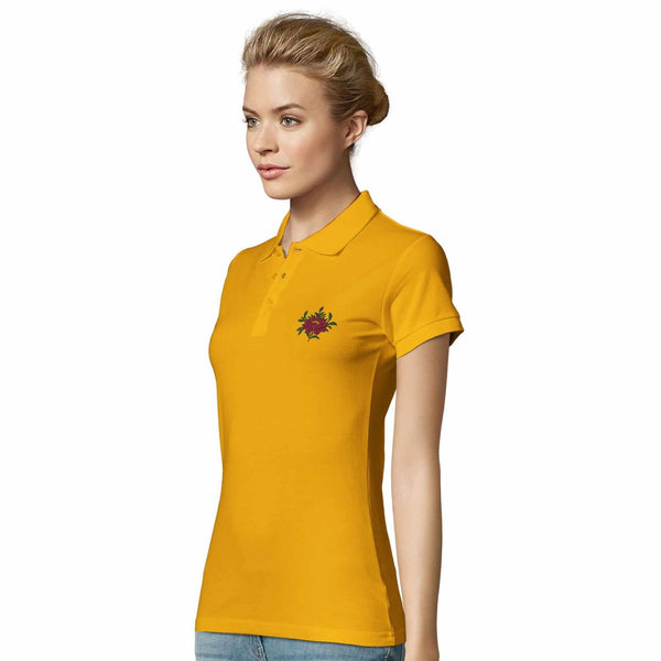 Polo jaune femme avec broderie florale, vêtement bouddhiste tibétain