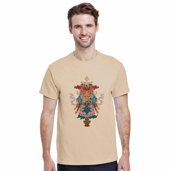T-shirt beige avec symbole bouddhiste tibétain, poissons, lotus et nœud sans fin, design culturel spirituel
