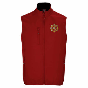 Gilet rouge bouddhiste avec roue de la loi brodée, symbole de la philosophie tibétaine