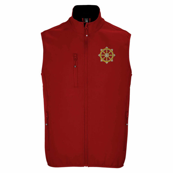 Gilet rouge bouddhiste avec roue de la loi brodée, symbole de la philosophie tibétaine