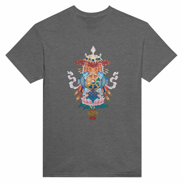 T-shirt gris avec symboles bouddhistes tibétains : poissons, roue, nœud, lotus