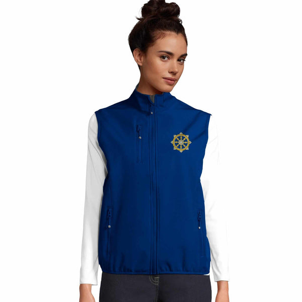 Gilet bleu avec roue de la loi bouddhiste dorée, vêtement de méditation tibétaine