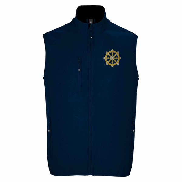 Gilet bleu marine avec roue de la loi bouddhiste brodée, symbole de la philosophie tibétaine