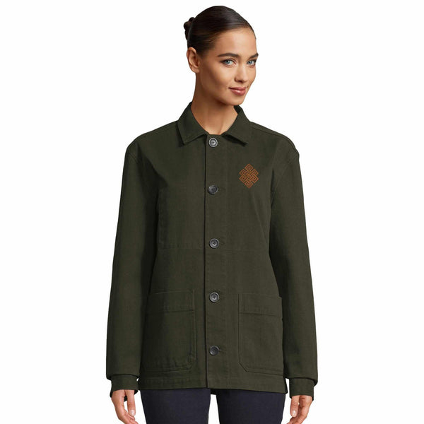 Veste verte avec symbole bouddhiste tibétain, style méditation et culture himalayenne