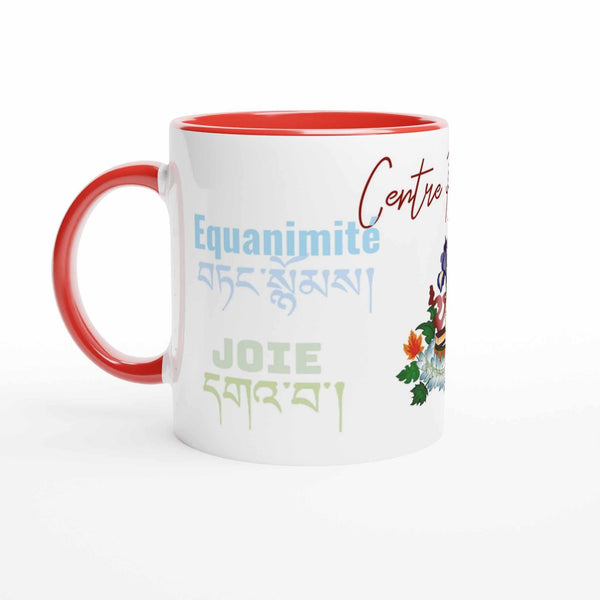Mug bouddhiste blanc avec équanimite et joie en tibétain, bordure rouge, fleurs colorées