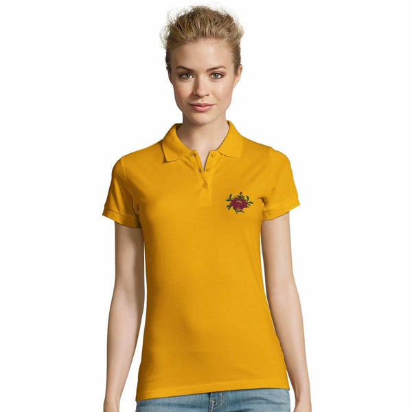 Polo jaune femme avec broderie florale, vêtement bouddhiste tibétain