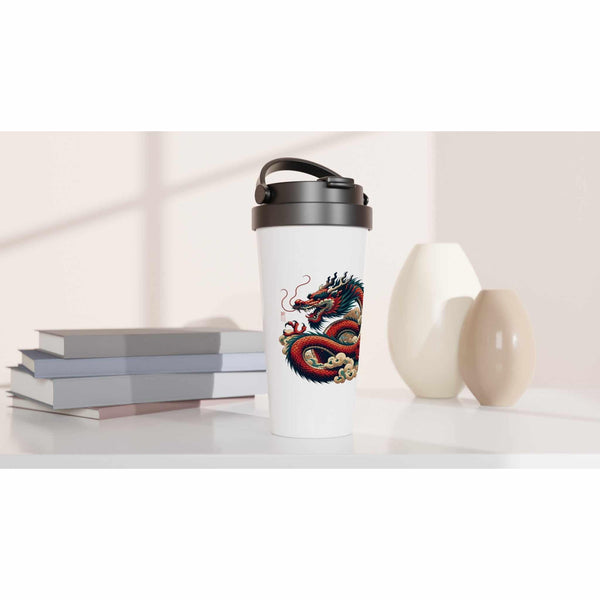 Gobelet blanc avec dragon tibétain coloré, idéal pour la méditation et la philosophie bouddhiste