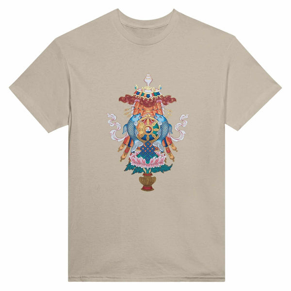 T-shirt beige avec symboles bouddhistes tibétains : poissons, lotus, nœud sans fin, roue du dharma
