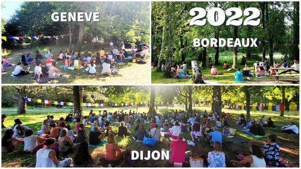 Méditation en plein air à Genève, Bordeaux et Dijon en 2022, drapeaux tibétains, groupe en cercle