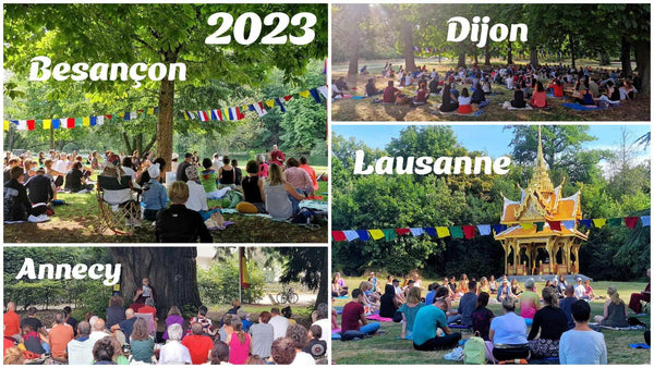 Conférences de méditation bouddhiste 2023 à Besançon, Dijon, Lausanne, Annecy sous les arbres avec drapeaux tibétains