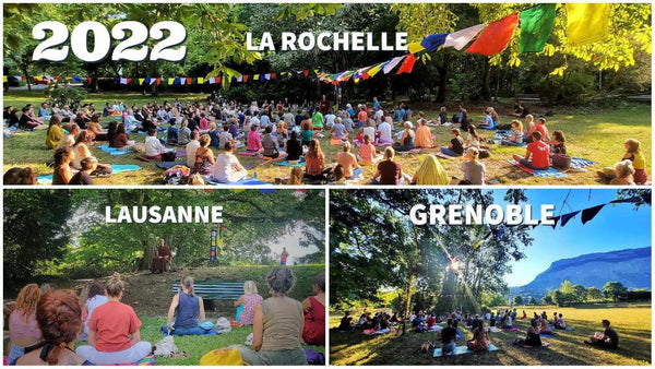 Méditation en plein air à La Rochelle, Lausanne et Grenoble en 2022 avec drapeaux bouddhistes