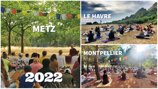 Méditation en plein air à Metz, Le Havre et Montpellier en 2022 avec drapeaux tibétains