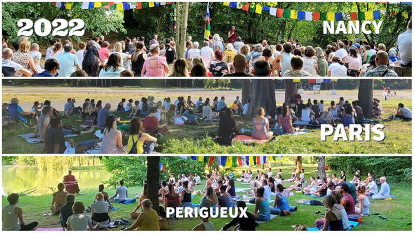 Méditation en plein air à Nancy, Paris et Périgueux en 2022, drapeaux tibétains, groupes en retraite bouddhiste