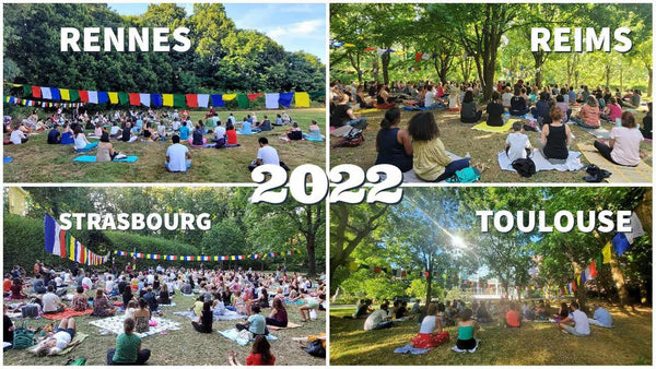 Méditation en plein air à Rennes, Reims, Strasbourg et Toulouse en 2022, drapeaux bouddhistes colorés