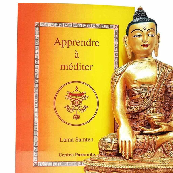 Statue bouddhiste dorée et livre 'Apprendre à méditer' par Lama Samten, philosophie bouddhiste tibétaine