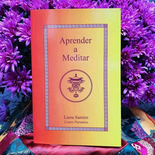 Livre 'Aprender a Meditar' par Lama Samten, guide de méditation bouddhiste sur fond de fleurs violettes
