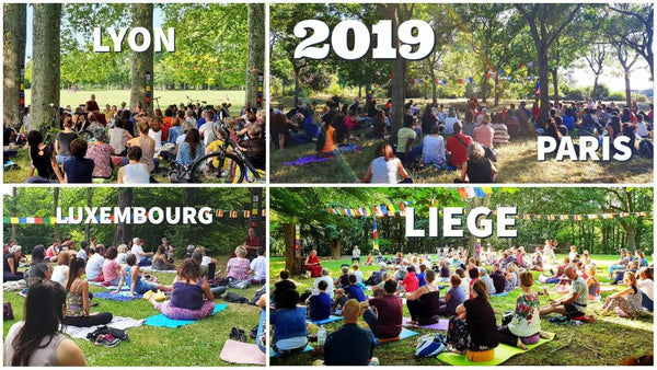 Méditation en plein air à Lyon, Paris, Luxembourg et Liège en 2019, drapeaux tibétains et groupes assis