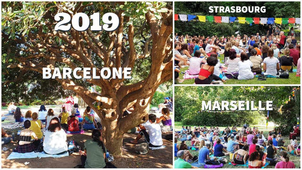 Méditation en plein air à Barcelone, Strasbourg et Marseille en 2019, drapeaux tibétains, groupes assis