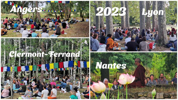 Méditation en plein air 2023 à Angers, Lyon, Clermont-Ferrand, Nantes avec drapeaux bouddhistes