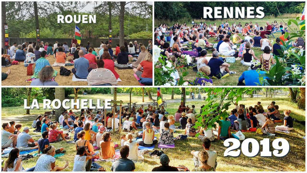 Groupes en méditation bouddhiste en plein air à Rouen, Rennes, La Rochelle en 2019