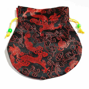Sachet tibétain brodé dragon rouge sur fond noir, cordon jaune, perles vertes, art bouddhiste