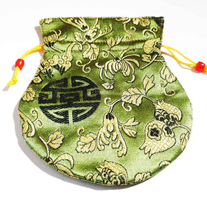 Pochette tibétaine verte brodée avec symbole bouddhiste, fleurs et cordon jaune