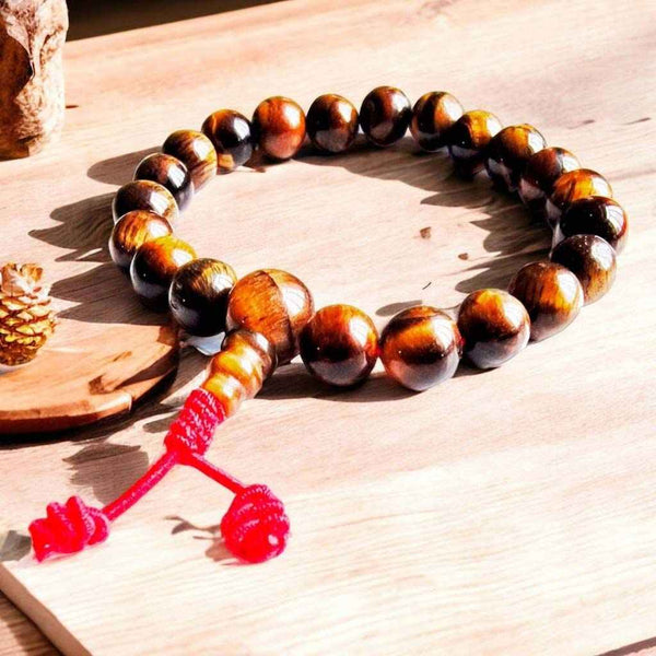 Chapelet bouddhiste en bois tigre avec nœud rouge, pour méditation et philosophie tibétaine