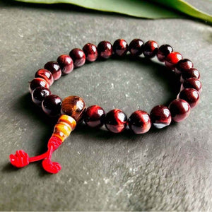 Bracelet de méditation en pierre oeil de tigre rouge, perles bouddhistes avec pompon rouge, culture tibétaine