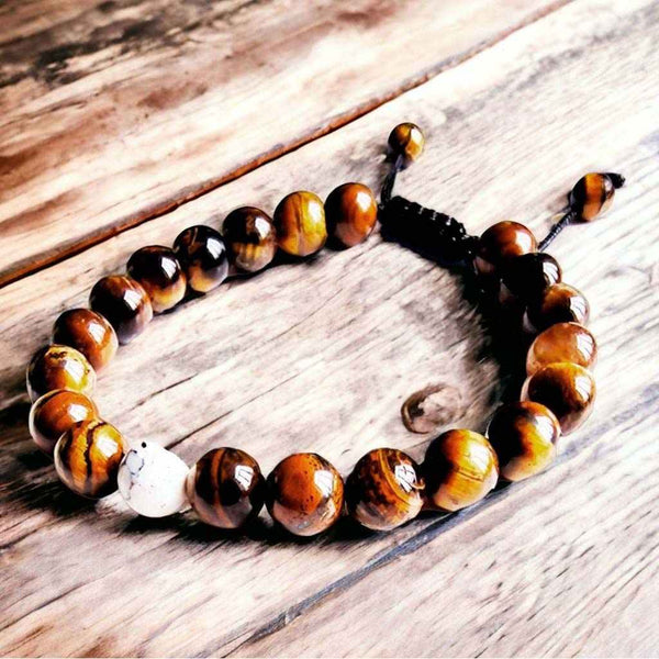 Bracelet de méditation en pierre oeil de tigre et perle blanche, symbole bouddhiste tibétain
