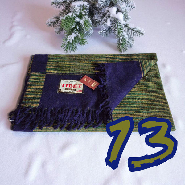 Écharpe tibétaine en laine violette et verte, franges, avec étiquette 'TIBET SHAWL', fond neigeux et branches.