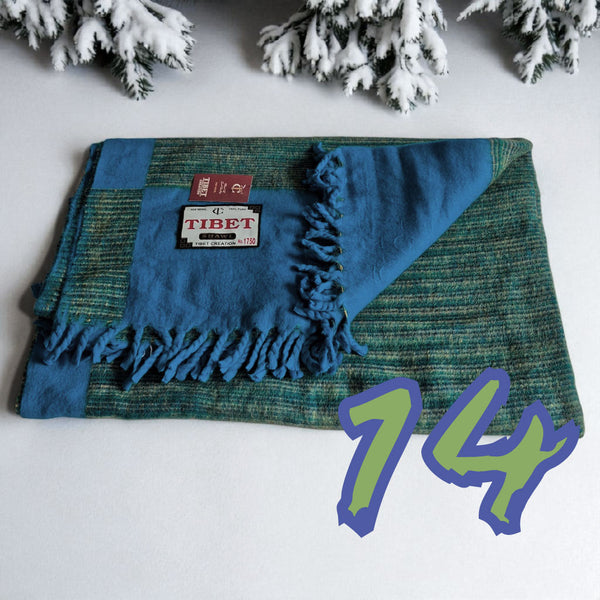 Étole tibétaine en laine bleue et verte, franges, artisanat de l'Himalaya, culture bouddhiste
