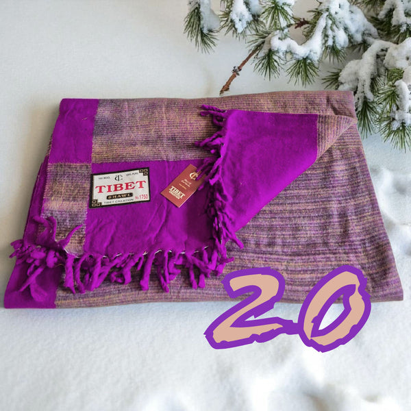 Châle tibétain en laine de yack violet avec franges, artisanat de l'Himalaya, idéal pour la méditation