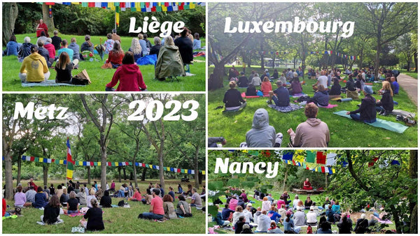 Méditation en plein air à Liège, Luxembourg, Metz et Nancy en 2023, drapeaux tibétains, enseignement bouddhiste
