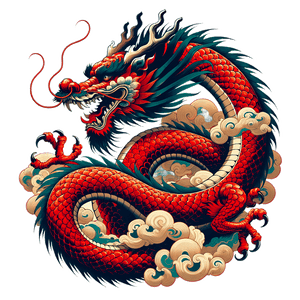 Dragon rouge tibétain stylisé avec nuages, symbole de la philosophie bouddhiste et culture himalayenne