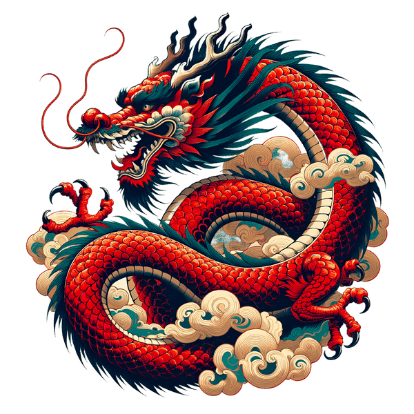Dragon rouge tibétain stylisé avec nuages, symbole de la philosophie bouddhiste et culture himalayenne