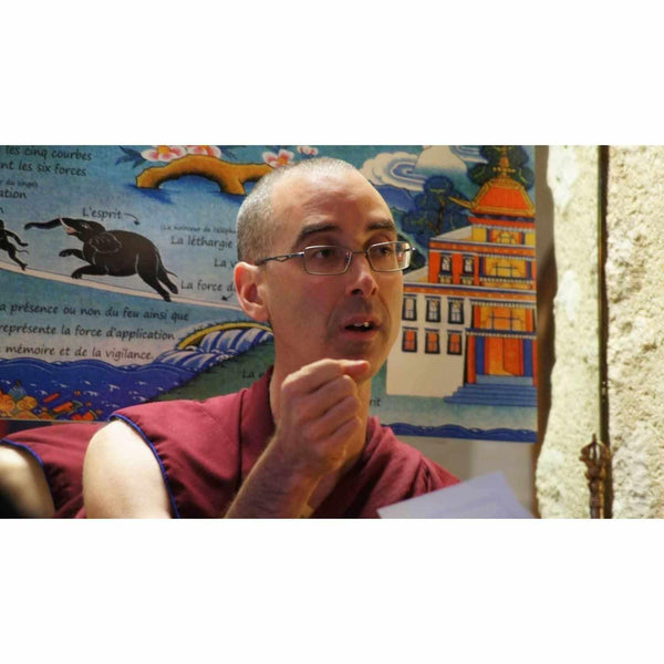 Lama Samten enseignant la méditation devant un thangka bouddhiste tibétain sur les cinq courbes et l'esprit