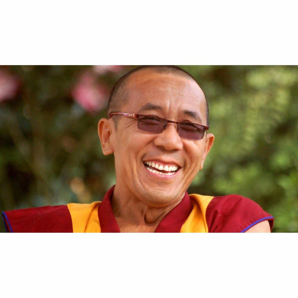 Moine bouddhiste tibétain souriant en robe rouge et jaune, lunettes de soleil, fond verdure