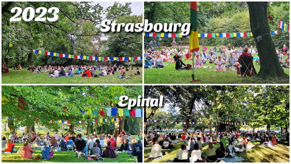 Méditation en plein air à Strasbourg et Epinal en 2023, drapeaux tibétains, groupe assis sur l'herbe