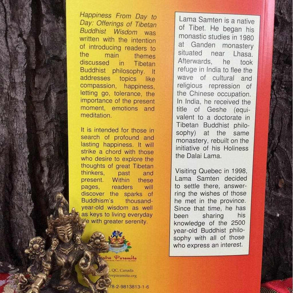 Livre de sagesse bouddhiste tibétaine par Lama Samten, avec statuette bouddhique, idéal pour méditation et philosophie
