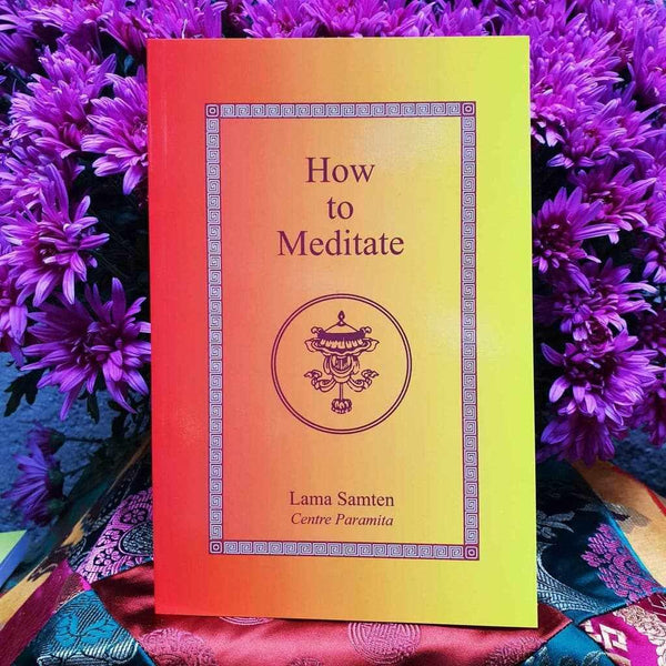 Livre 'How to Meditate' par Lama Samten, guide de méditation bouddhiste sur fond de fleurs violettes
