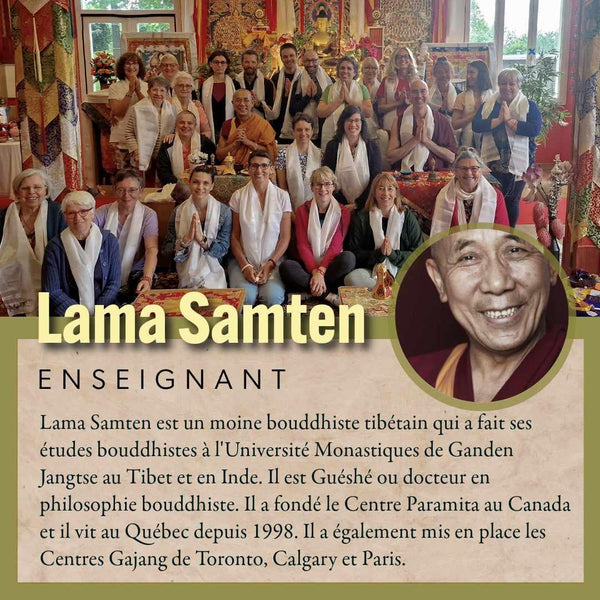 Lama Samten enseignant la philosophie bouddhiste tibétaine avec ses élèves en tenue traditionnelle
