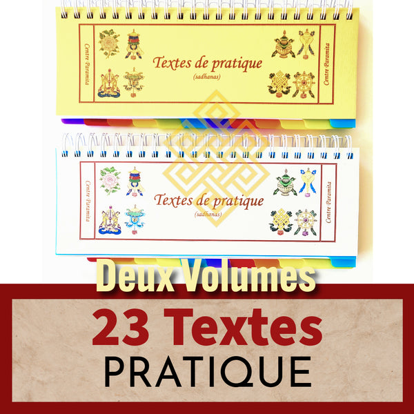 Deux volumes de textes de pratique bouddhiste sadhanas, symboles tibétains, éditions Paramita