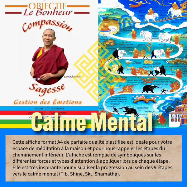 Affiche bouddhiste sur le calme mental et la gestion des émotions par Lama Samten, avec symboles tibétains