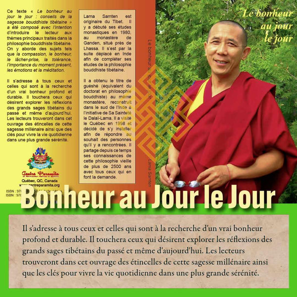 Lama Samten, maître bouddhiste tibétain, sur la couverture du livre 'Bonheur au Jour le Jour', conseils de sagesse bouddhiste